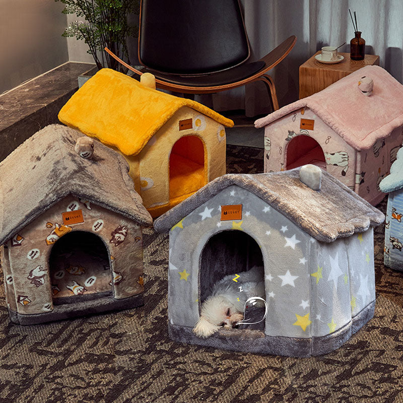 Foldable Pet Cave Kennel – Self-Warming Plush, Removable & Washable