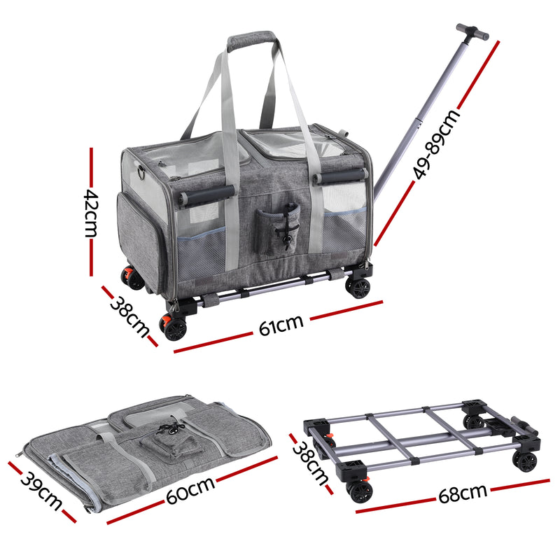 i.Pet Pet Carrier Swivel Wheels Foldable Cat Dog Trolley Stroller Travel Bag Grey — image 2