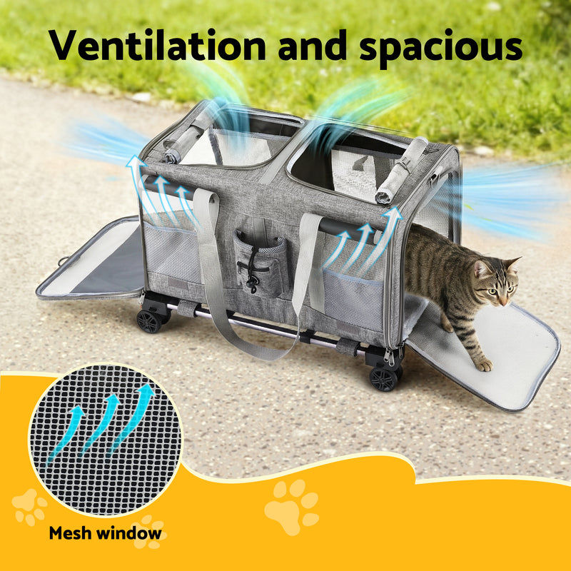 i.Pet Pet Carrier Swivel Wheels Foldable Cat Dog Trolley Stroller Travel Bag Grey — image 4