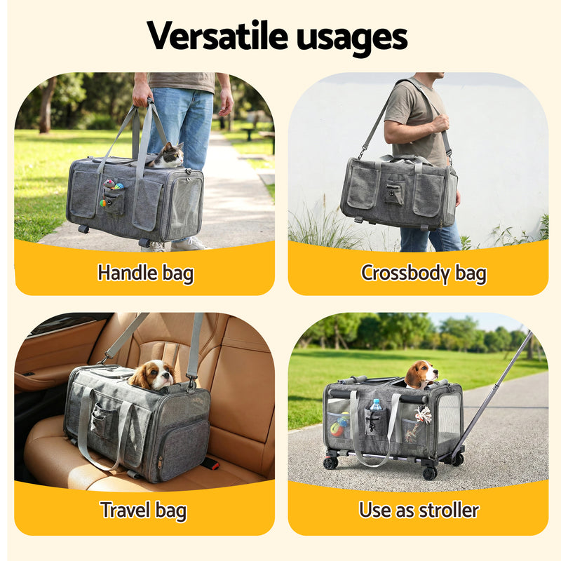 i.Pet Pet Carrier Swivel Wheels Foldable Cat Dog Trolley Stroller Travel Bag Grey — image 5