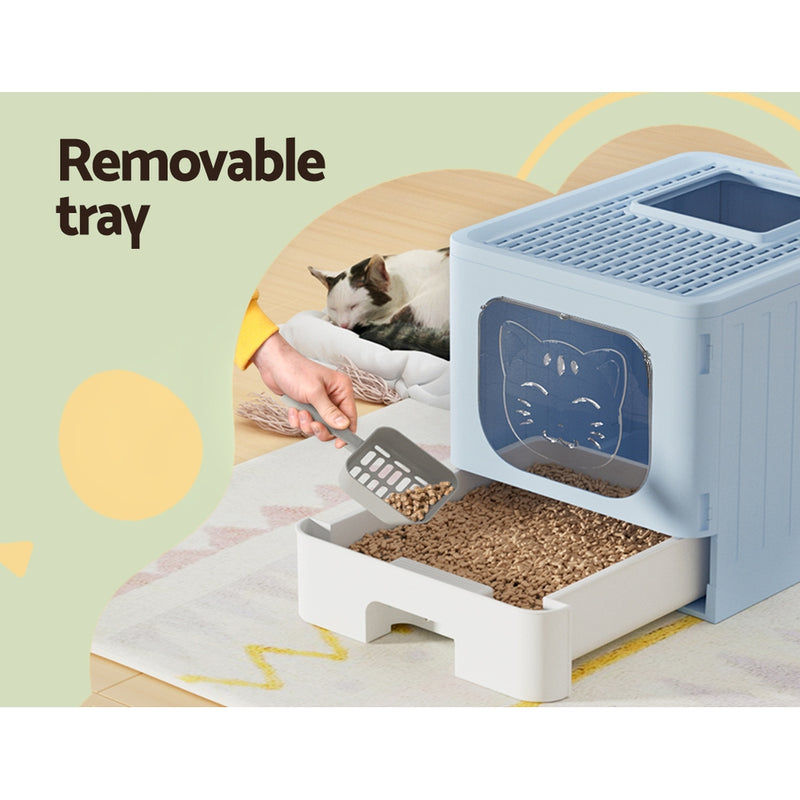 i.Pet Cat Litter Box Large Tray Kitty Toilet Enclosed Hooded Foldable Cat Litter Box Scoop Blue — image 5