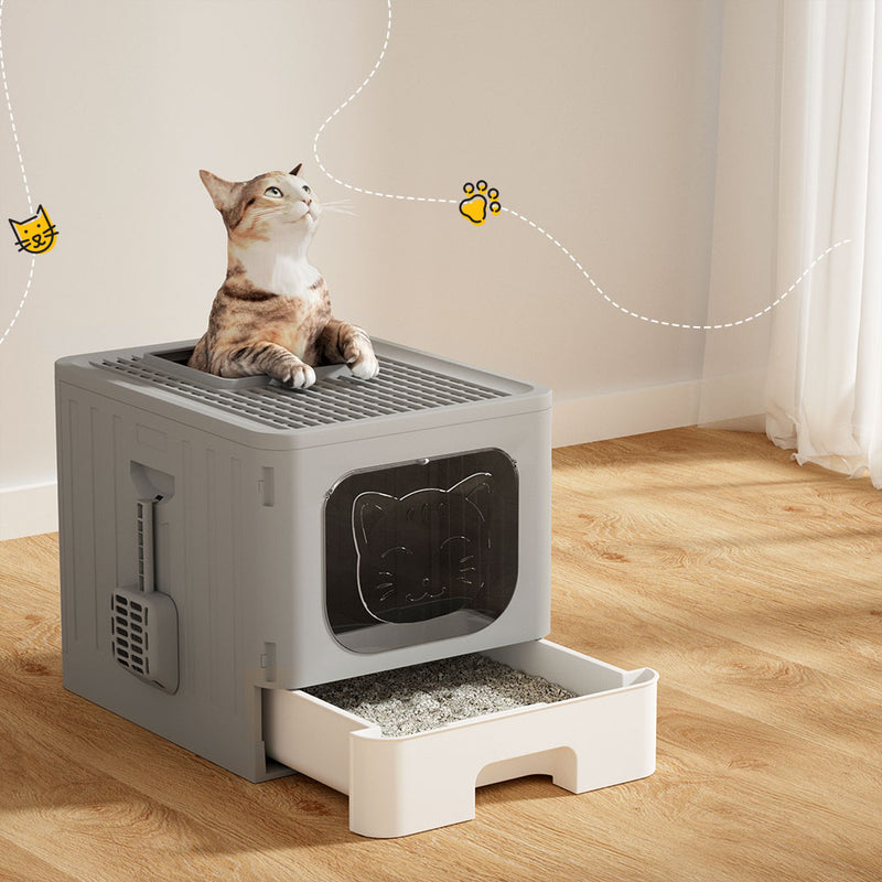 i.Pet Cat Litter Box Large Tray Kitty Toilet Enclosed Hooded Foldable Cat Litter Box Scoop Grey — image 7