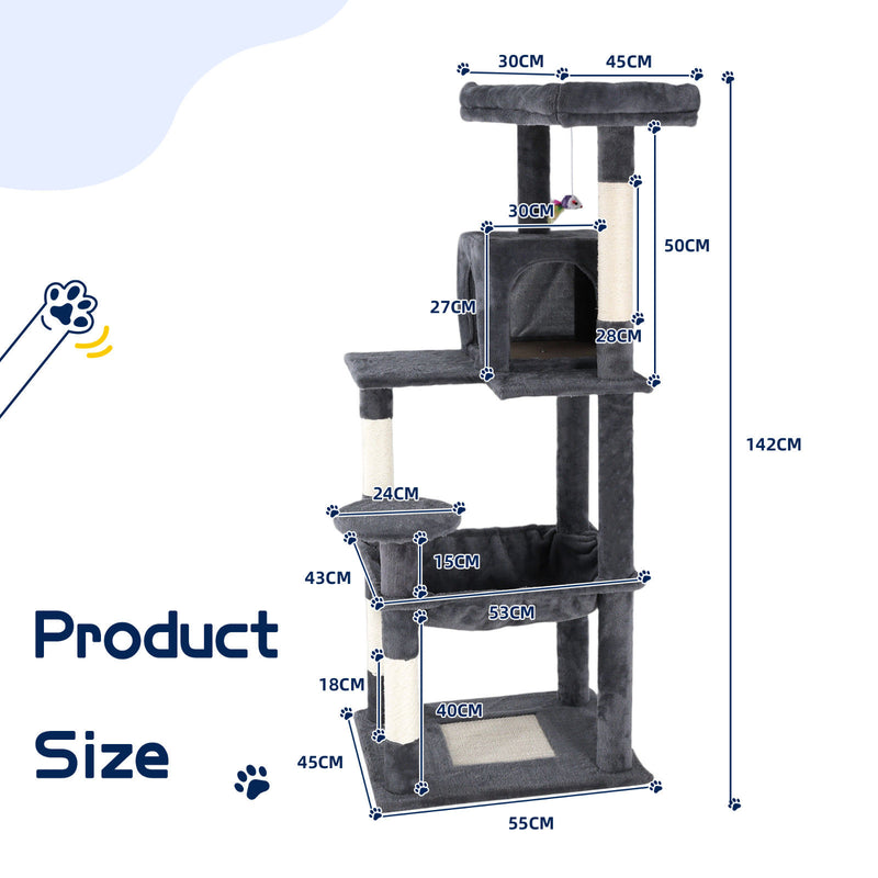 142cm Tall Cat Tower Tree Condo – Dark Grey Multi-Level Scratching Post & Perch — image 2
