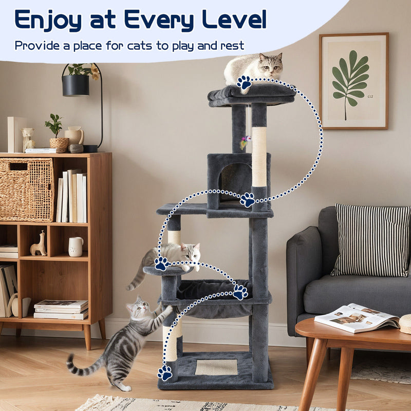 142cm Tall Cat Tower Tree Condo – Dark Grey Multi-Level Scratching Post & Perch — image 3