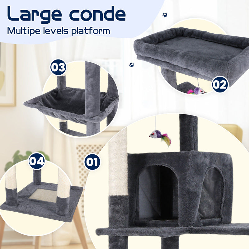142cm Tall Cat Tower Tree Condo – Dark Grey Multi-Level Scratching Post & Perch — image 7