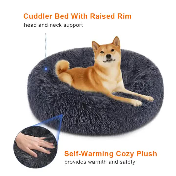 Calming Donut Pet Bed -Soft Faux Fur, Anti-Anxiety Fluffy Round Bed for Cats and Small Dogs (Beige Brown)50cm — image 2