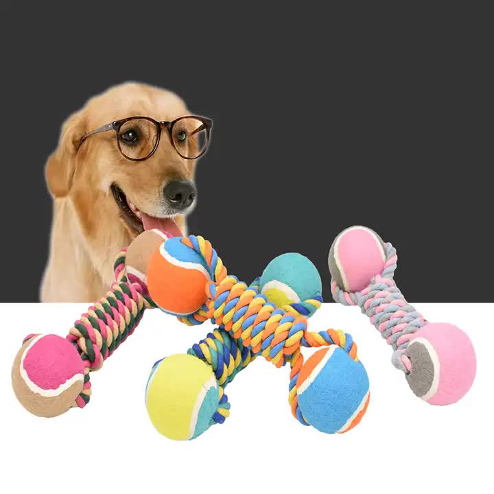 2 PCS Yellow Durable Cotton Rope and Tennis Ball Dog Toy Set - Chew Resistant Tug Toys with Rope Dumbbell - Perfect for Dogs of All Sizes β image 3