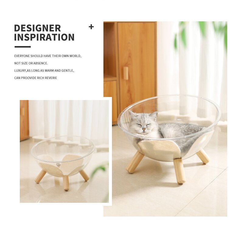 Luxury Transparent Cat Bed with Wooden Legs - Stylish Pet Nest β image 3