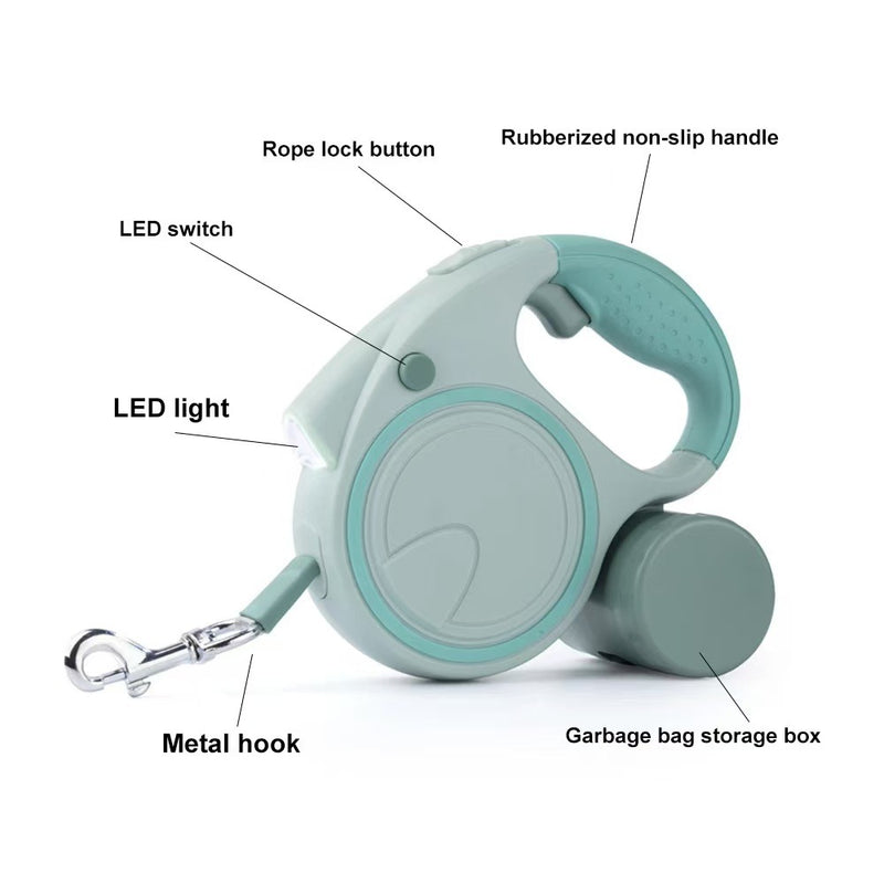 Blue and White 3M Retractable Dog Leash - Built-in LED Light (No Batteries) and Bag Holder — image 2