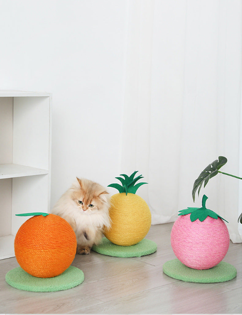 Pink Strawberry And Green Base Fun Fruit Shaped Sisal Cat Scratcher Ball - Durable Scratching Toy with Stable Base β image 3