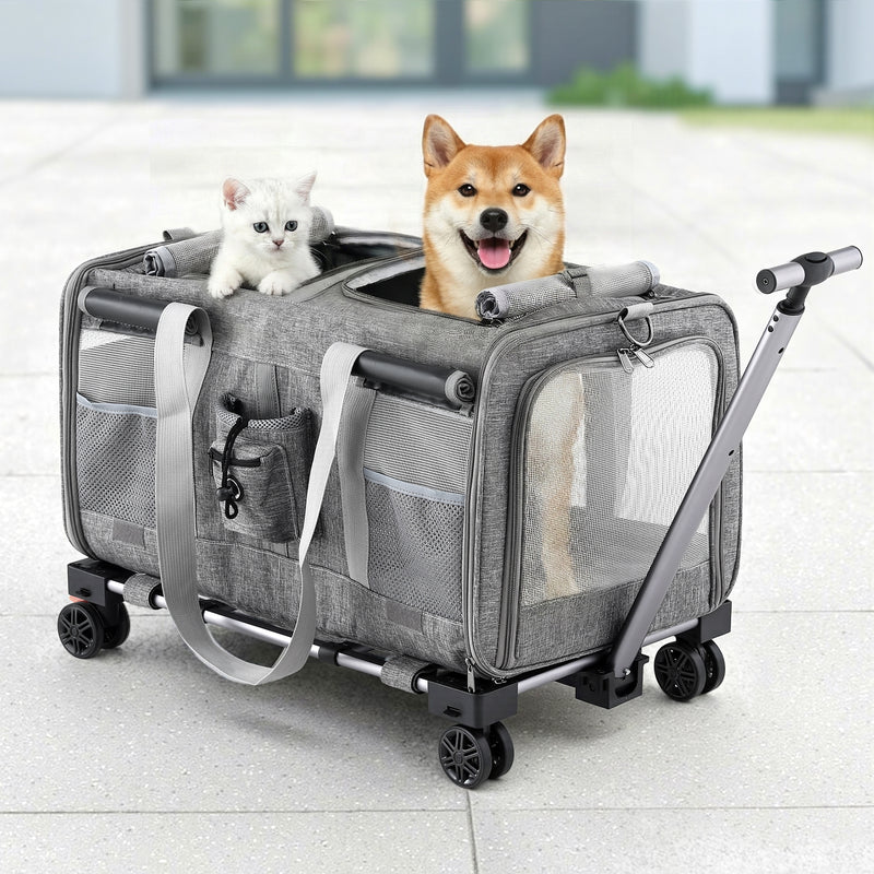 i.Pet Pet Carrier Swivel Wheels Foldable Cat Dog Trolley Stroller Travel Bag Grey — image 7