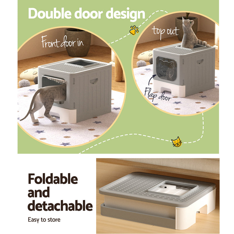 i.Pet Cat Litter Box Large Tray Kitty Toilet Enclosed Hooded Foldable Cat Litter Box Scoop Grey — image 4