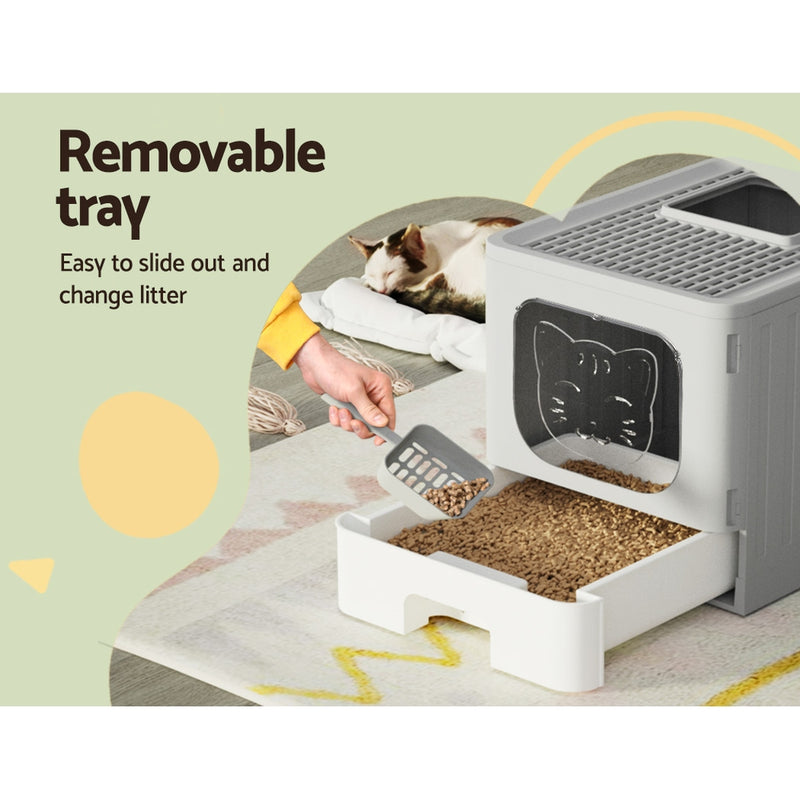 i.Pet Cat Litter Box Large Tray Kitty Toilet Enclosed Hooded Foldable Cat Litter Box Scoop Grey — image 5