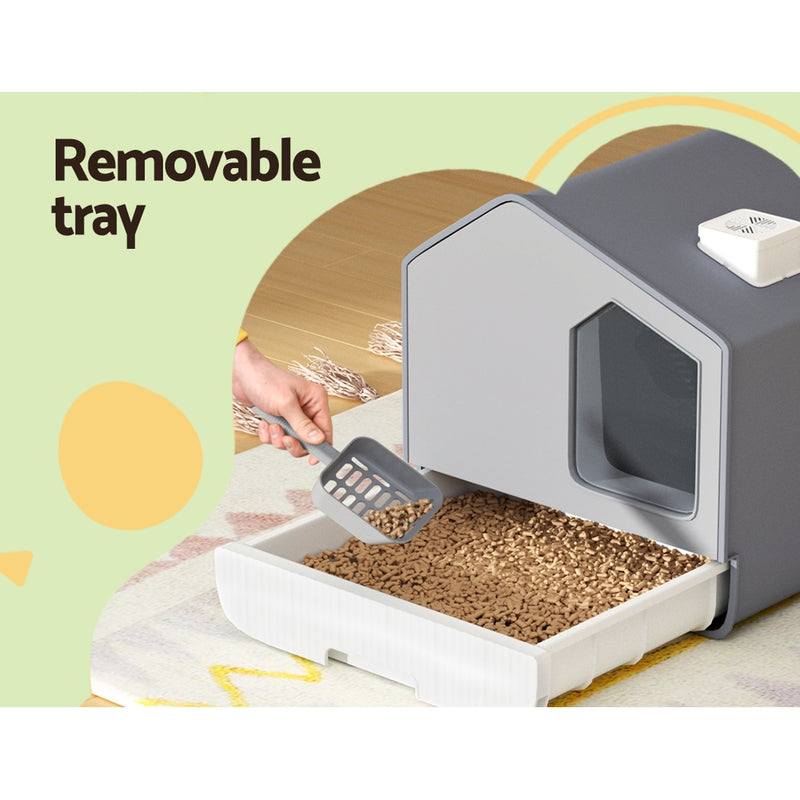 i.Pet Cat Litter Box Large Tray Kitty Toilet Enclosed Cat Litter Box Hooded Scoop Mat Grey — image 5