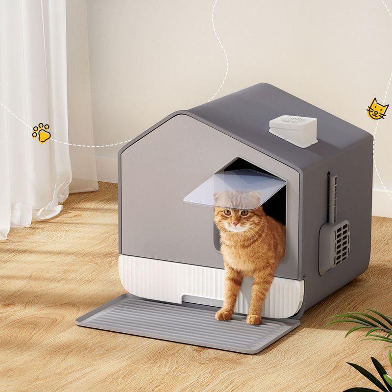 i.Pet Cat Litter Box Large Tray Kitty Toilet Enclosed Cat Litter Box Hooded Scoop Mat Grey — image 7