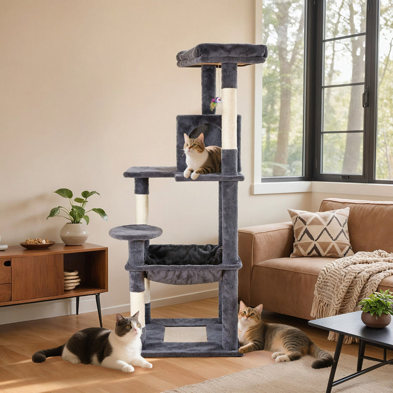142cm Tall Cat Tower Tree Condo – Dark Grey Multi-Level Scratching Post & Perch — image 10