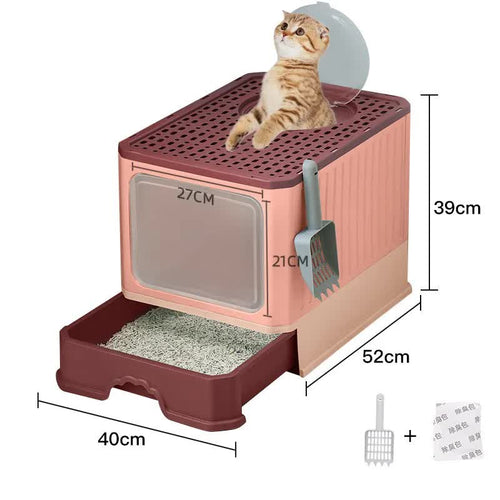 Top-Entry Cat Litter Box with Drawer-Enclosed Design, Easy Clean, Odour Control, Anti-Tracking Lid Pink