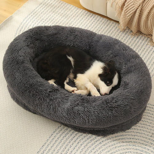 Fluffy Calming Donut Pet Bed, Machine Washable (Dark Grey, L)