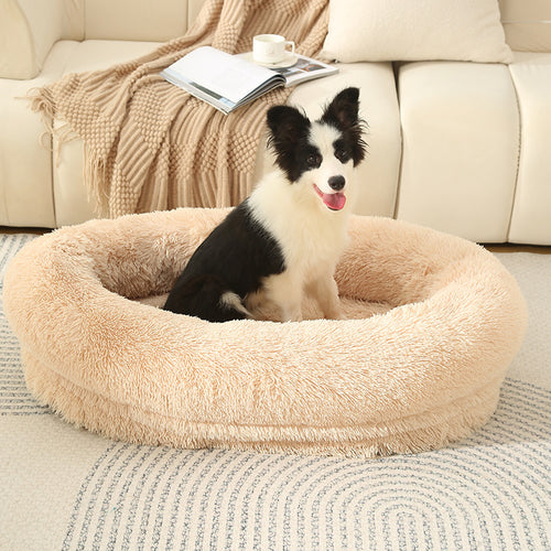 Fluffy Calming Donut Pet Bed, Machine Washable (Light Brown, L)