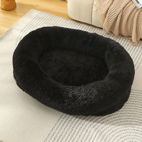 Fluffy Calming Donut Pet Bed, Machine Washable (Black, M)