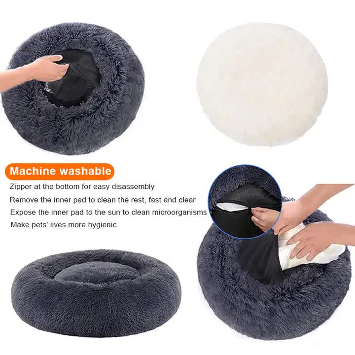 Calming Donut Pet Bed -Soft Faux Fur, Anti-Anxiety Fluffy Round Bed for Cats and Small Dogs (Beige Brown)50cm — image 3
