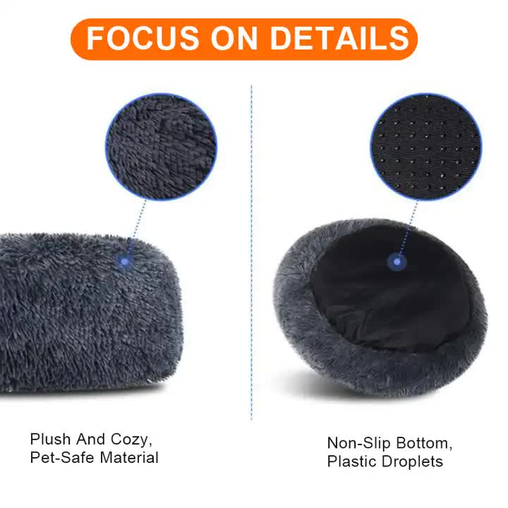 Calming Donut Pet Bed -Soft Faux Fur, Anti-Anxiety Fluffy Round Bed for Cats and Small Dogs (Beige Brown)50cm — image 4