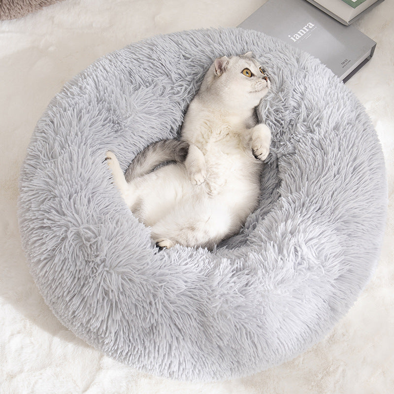 Calming Donut Pet Bed -Soft Faux Fur, Anti-Anxiety Fluffy Round Bed for Cats and Small Dogs (Beige Brown)50cm — image 5