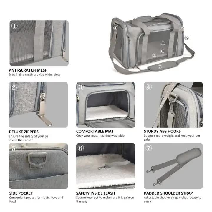 L Grey Portable Foldable Pet Carrier Bag - Large Capacity Travel Carrier for 2 Small Pets, Comfortable and Stylish Cat Backpack, Foldable & Easy to Carry — image 4