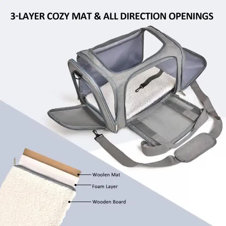 L Grey Portable Foldable Pet Carrier Bag - Large Capacity Travel Carrier for 2 Small Pets, Comfortable and Stylish Cat Backpack, Foldable & Easy to Carry — image 5