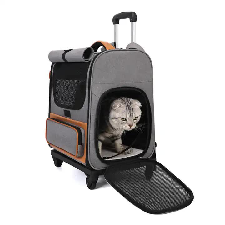 Grey Large Capacity Breathable Foldable Pet Trolley – Travel Cat Carrier with Wheels, Portable, Spacious, and Convenient for Two Cats — image 5