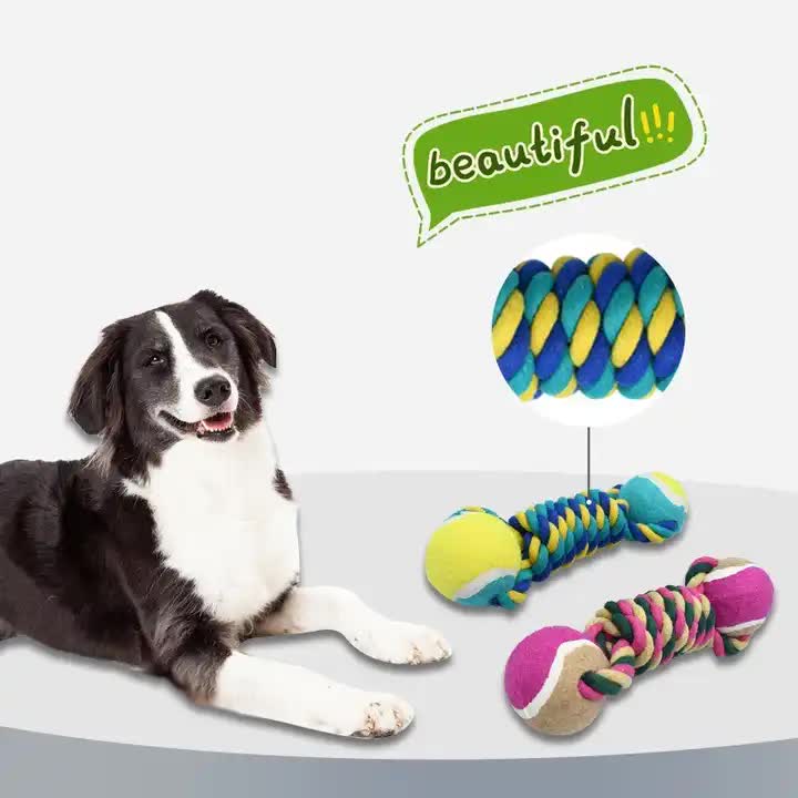 2 PCS Yellow Durable Cotton Rope and Tennis Ball Dog Toy Set - Chew Resistant Tug Toys with Rope Dumbbell - Perfect for Dogs of All Sizes — image 2