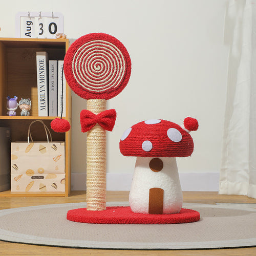 Mushroom Cat Scratching Post – Anti-Slip Sisal Scratcher with Sofa Guard (Red)