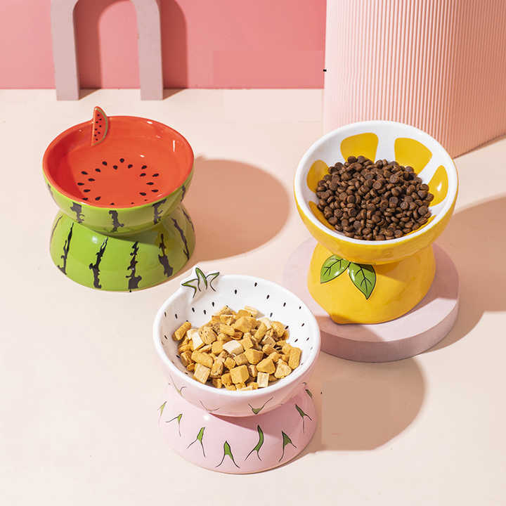 Ceramic Elevated Pet Food Bowl - Cute Pitaya Pattern Design for Cats and Small Dogs — image 2