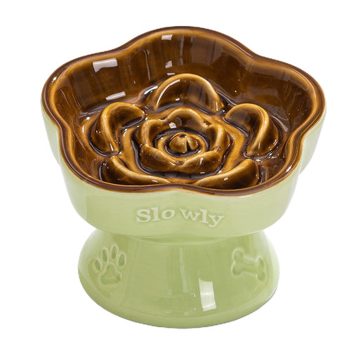 Ceramic Slow Feeder Pet Bowl for Cats and Small Dogs (Green & Brown)