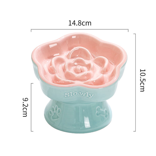 Ceramic Slow Feeder Pet Bowl for Cats and Small Dogs (Blue & Pink)