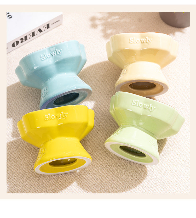 Blue and Pink Ceramic Slow Feeder Pet Bowl for Cats and Small Dogs - Anti-Choke Elevated Design with 15-Degree Tilted Rim — image 3