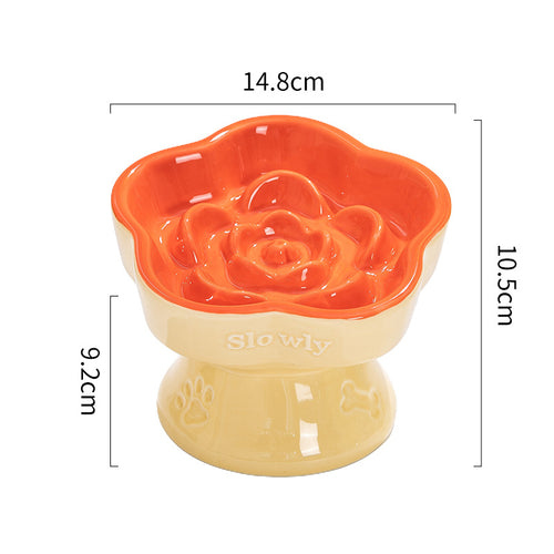Ceramic Slow Feeder Pet Bowl for Cats and Small Dogs (Khaki & Orange)