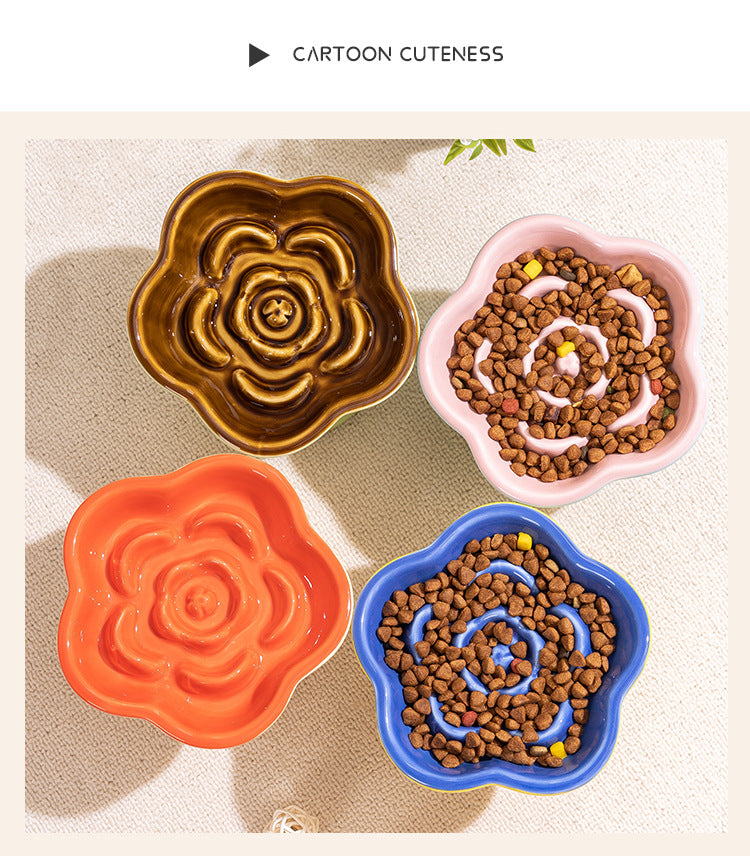 Khaki and Orange Ceramic Slow Feeder Pet Bowl for Cats and Small Dogs - Anti-Choke Elevated Design with 15-Degree Tilted Rim — image 2