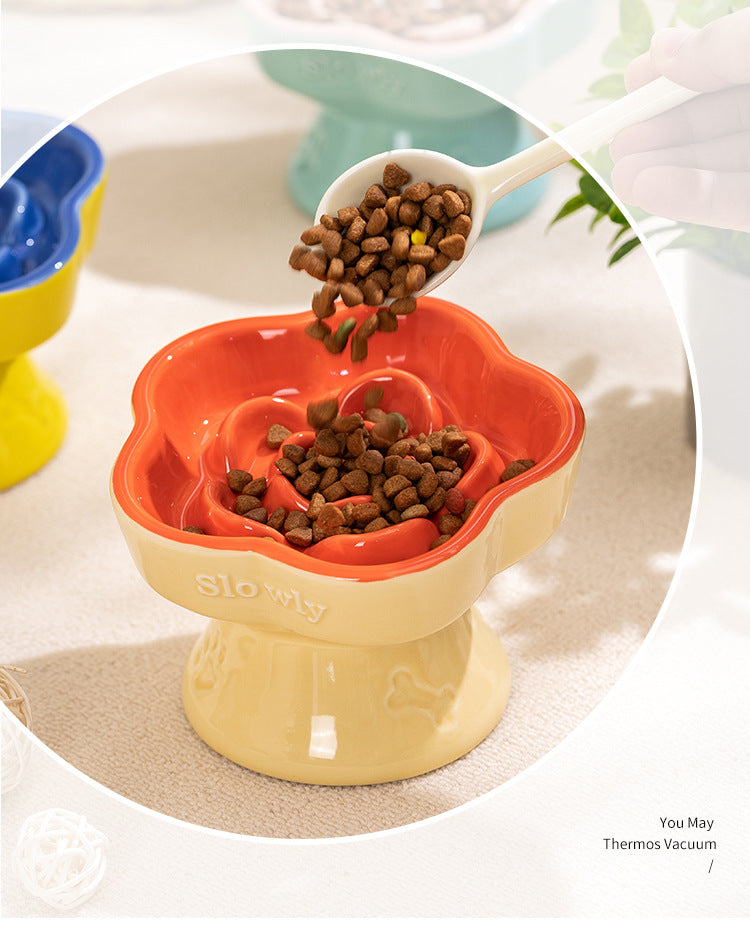 Khaki and Orange Ceramic Slow Feeder Pet Bowl for Cats and Small Dogs - Anti-Choke Elevated Design with 15-Degree Tilted Rim — image 4