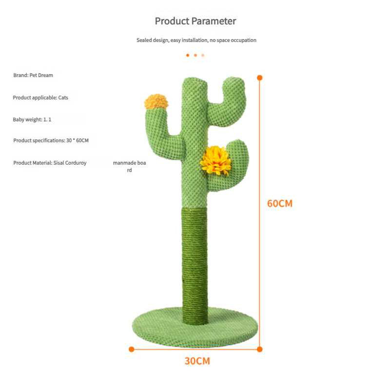 Cactus-Shaped Cat Scratching Post with Sisal Rope and Plush Chenille - Green — image 2