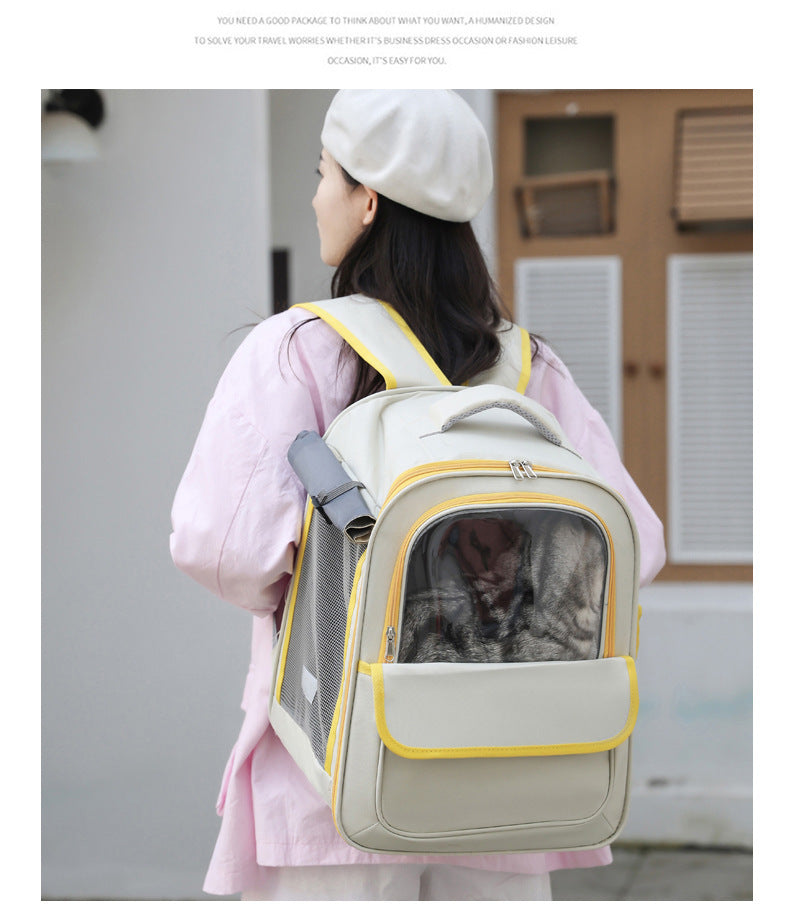 Beige And Yellow Spacious Pet Carrier Backpack with Clear Window - Comfortable Travel Bag for Cats & Small Dogs — image 11