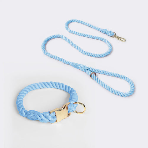 Handmade Woven Cotton Dog Collar & Leash Set (Sky blue, M)