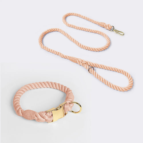 Handmade Woven Cotton Dog Collar & Leash Set (Leather pink, M)