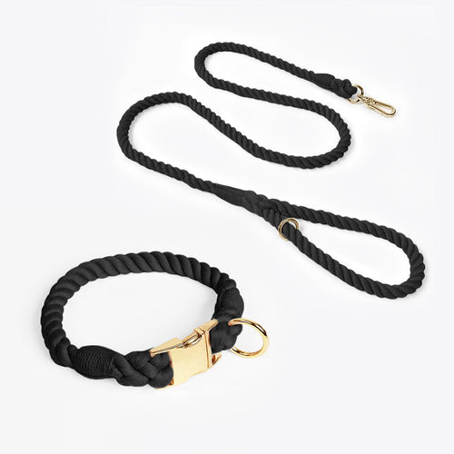 Handmade Woven Cotton Dog Collar & Leash Set (Black, M)