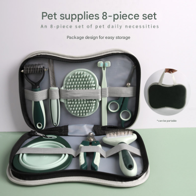 Complete 8-Piece Pet Grooming Kit (Grey & Green)