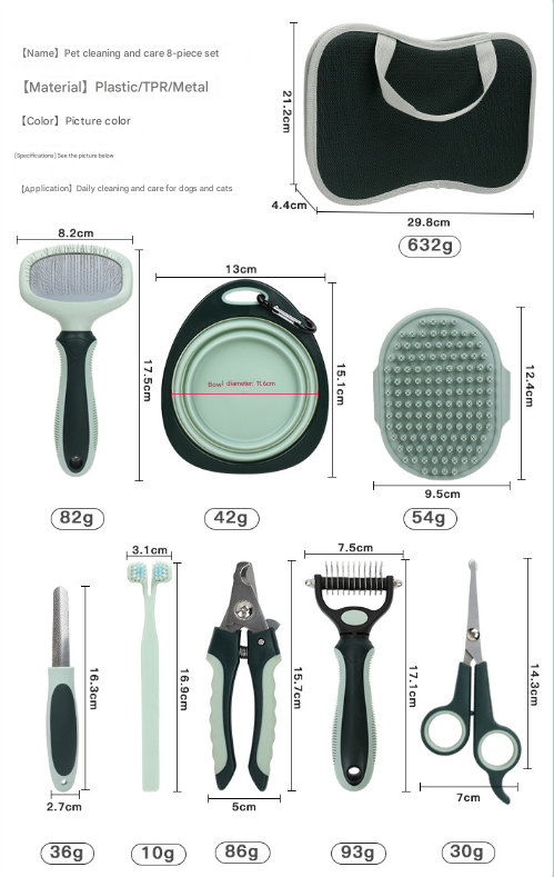 Grey and Green Complete 8-Piece Pet Grooming Kit - Essential Dog & Cat Care Tools with Brushes, Nail Clippers, Scissors & Portable Case — image 3