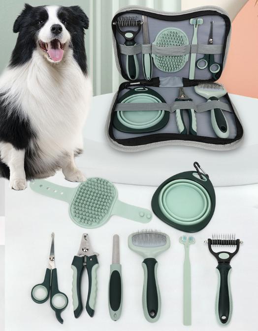 Grey and Green Complete 8-Piece Pet Grooming Kit - Essential Dog & Cat Care Tools with Brushes, Nail Clippers, Scissors & Portable Case — image 7