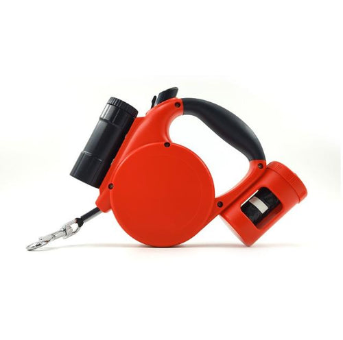 3-in-1 Retractable Dog Leash with LED Flashlight & Poop Bag (Red)