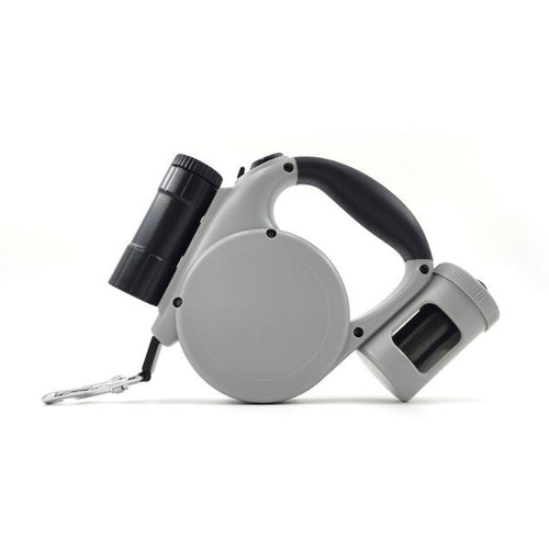 3-in-1 Retractable Dog Leash with LED Flashlight & Poop Bag (Grey)