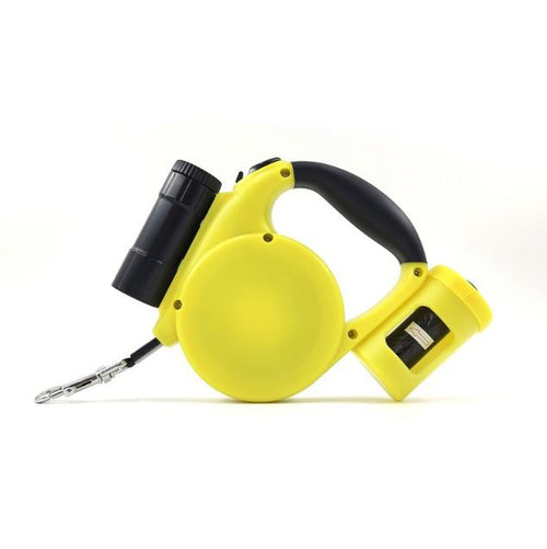 3-in-1 Retractable Dog Leash with LED Flashlight & Poop Bag (Yellow)